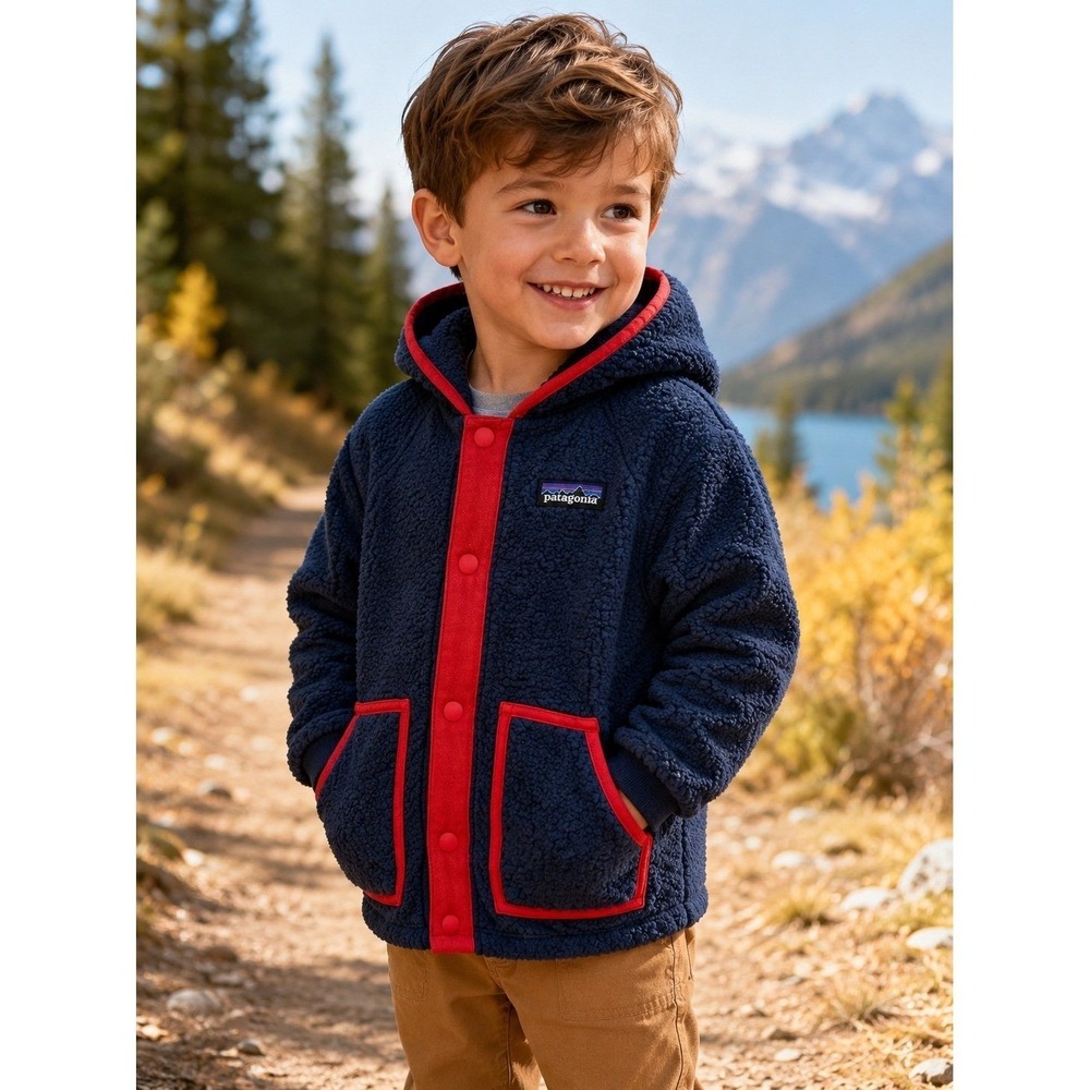 Patagonia Kids 5T Retro Pile Fleece Hooded Jacket Navy Red Snap Sherpa